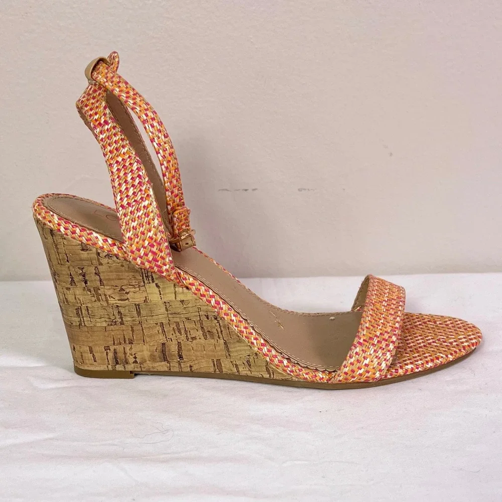 LC Lauren Conrad Wedge Sandals 10 Coral Woven Cork Strappy Boho Summer 160089